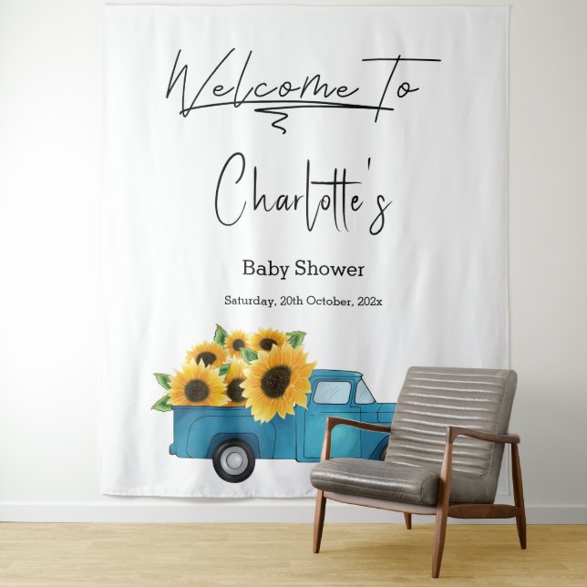 Tenture Camion Watercolor avec Baby shower Sunflower (En situation)