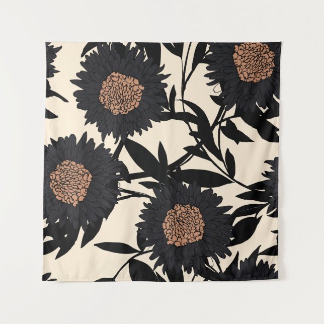 Tenture Camomille noire, gerbera : fond crème. (Devant)