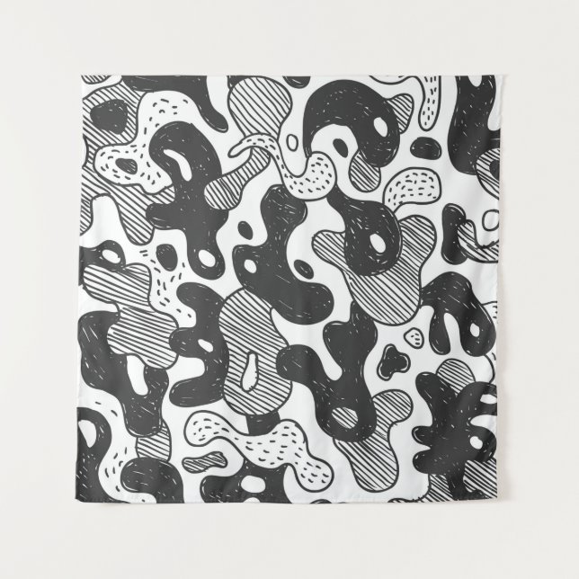 Tenture camouflage abstrait style doodé, noir (Devant)