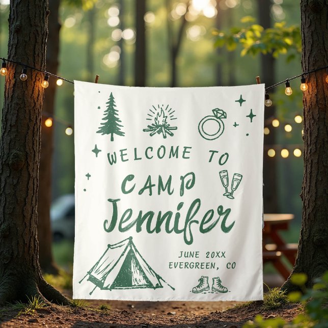 Tenture Camp Bachelorette Camping Bienvenue Main Verte Tir (camp bachelorette welcome sign green hand drawn handwriting hand written camping glamping hiking)