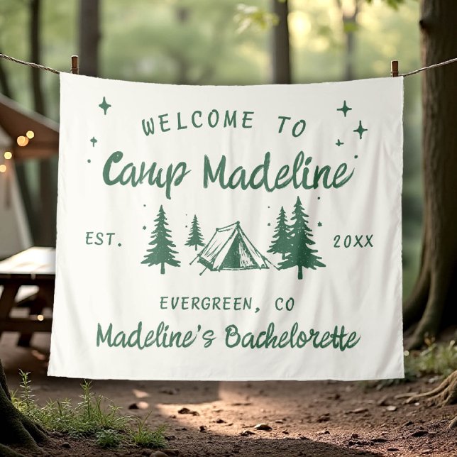 Tenture Camp Bachelorette Camping Contexte Main tirée (camp bachelorette welcome backdrop hand drawn handwriting hand written camping glamping hiking bach)