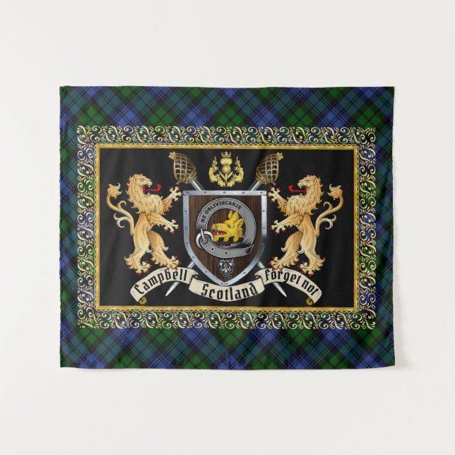 Tenture Campbell Clan Badge & Motto avec Lions (Devant (Horizontal))