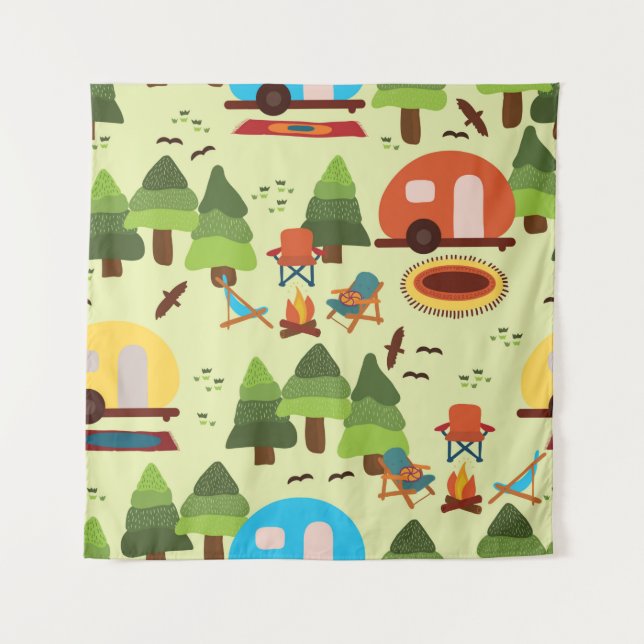Tenture Camping - caravane, chaises de camping, cheminée (Devant)