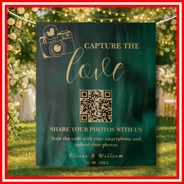 Tenture Capture The Love Emerald Green & Gold QR Backdrop (Créateur téléchargé)