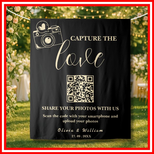 Tenture Capturez l'amour Fond noir jaune beurre QR (Créateur téléchargé)