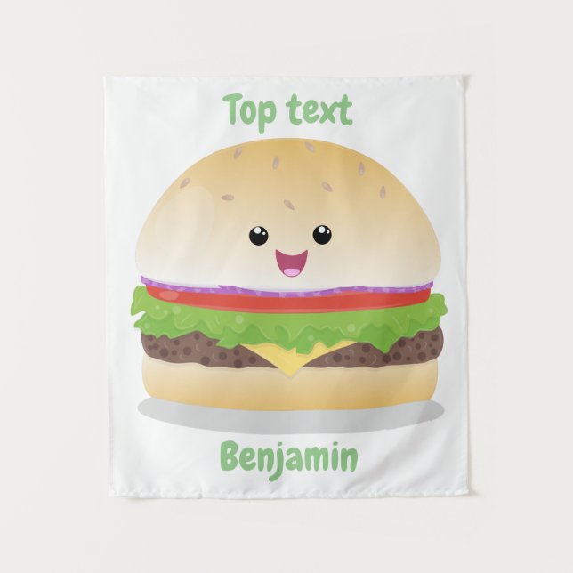 Tenture Caricature de hamburger kawaii joyeux (Devant)