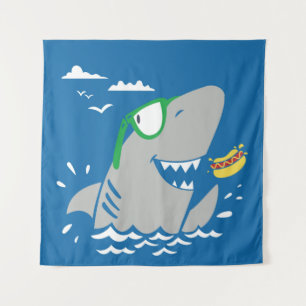 Tenture Caricature de requin mignon vintage manger un hot