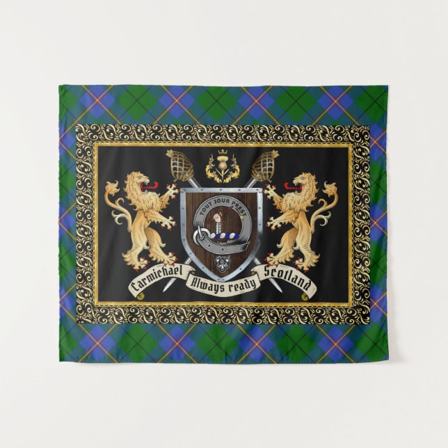 Tenture Carmichael Clan Badge & Motto avec Lions (Devant (Horizontal))