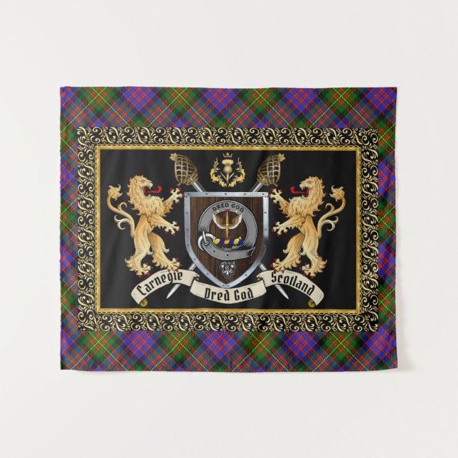 Tenture Carnegie Clan Badge & Motto avec Lions (Devant (Horizontal))