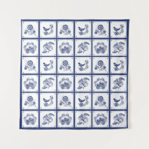 Tenture Carreau floral et oiseau bleu Delft hollandais cla