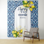 Tenture Carreaux bleus citrons italien Amalfi Joyeux anniv<br><div class="desc">Carrelage bleu et citron Amalfi Positano style méditerranéen joyeux tapisserie murale d'anniversaire arrière - plan photoshoot.</div>