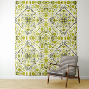 Tenture Carreaux de fleurs en vert