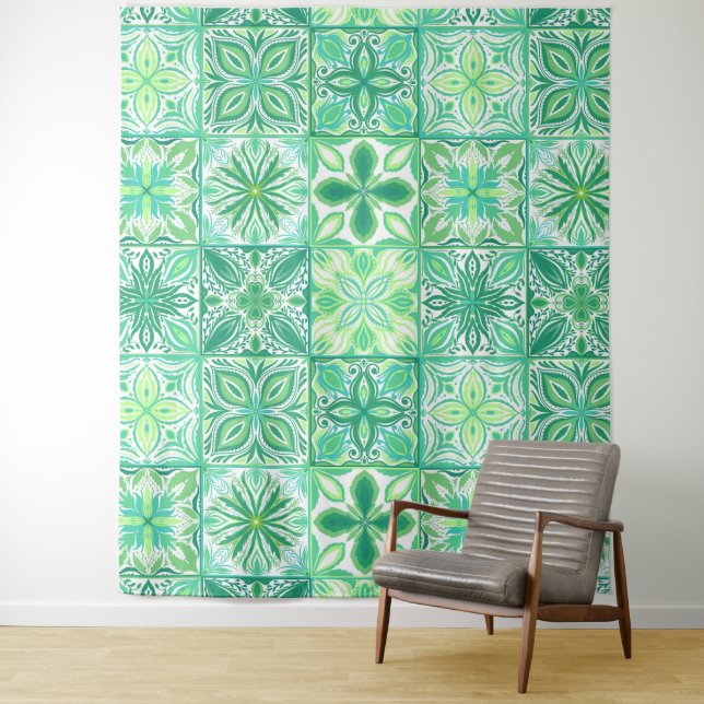 Tenture Carreaux décorés en vert et blanc (En situation)