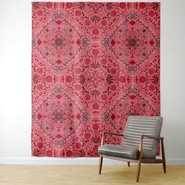 Tenture Carreaux floraux en rouge et pastèque rose (En situation)