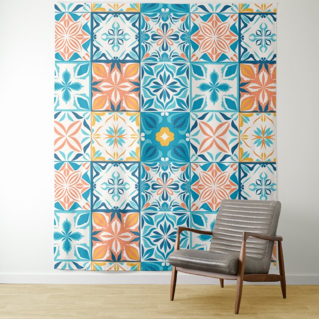 Tenture Carrelage orange et bleu (En situation)