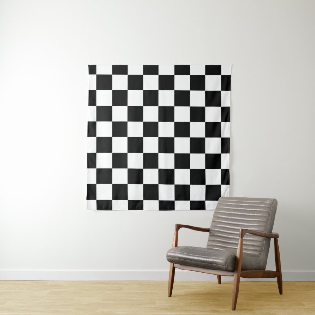 Tenture Carrés à carreaux géométriques rétro noir et blanc (En situation (horizontale))