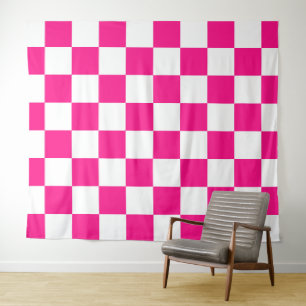 Tenture Carrés à carreaux rose chaud blanc géométrique rét