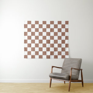 Tenture Carrés à damier marron moka blanc géométrique rétr