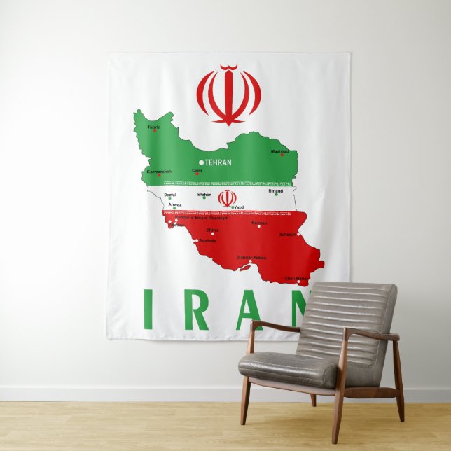 Tenture Carte de l'Iran avec drapeau et emblème (En situation)