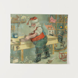 Tenture Carte de Noël vintage - Santa dans son atelier