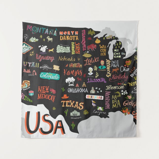 Tenture Carte des États-Unis : Affiche illustrée (Devant)