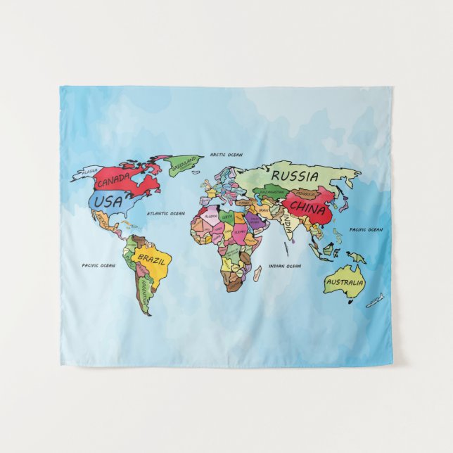 Tenture Carte du monde aquarelle illustration (Devant (Horizontal))