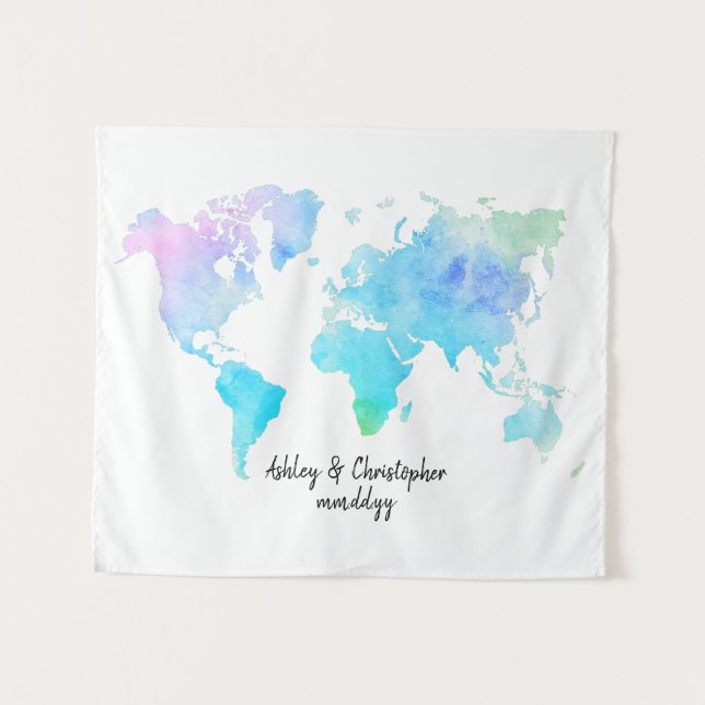 Tenture Carte du monde aquarelle pour mariage (Devant (Horizontal))