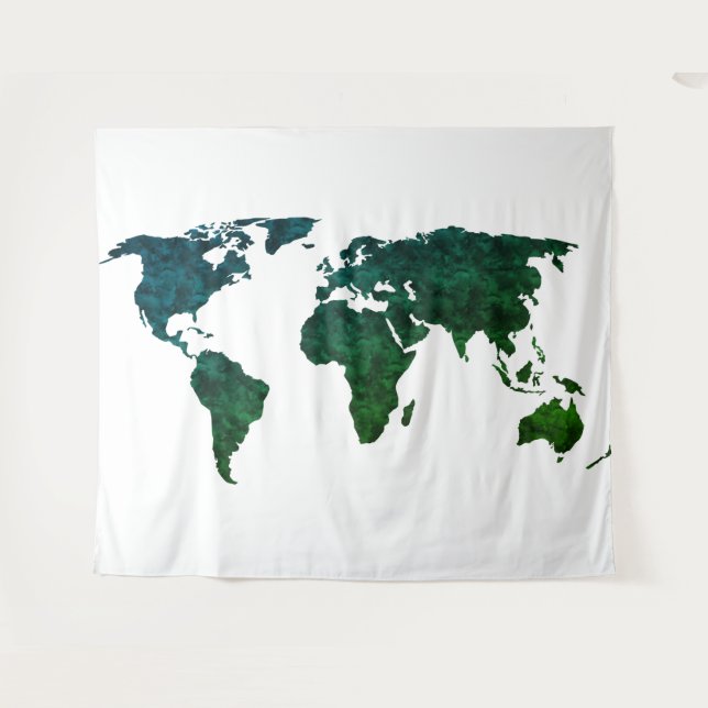 Tenture  Carte du monde bleu et vert sur blanc (Devant (Horizontal))