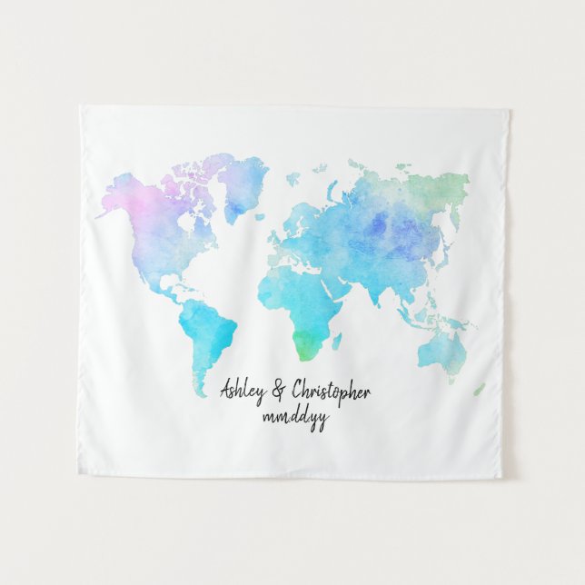 Tenture Carte du monde en aquarelle pour réception de mari (Devant (Horizontal))