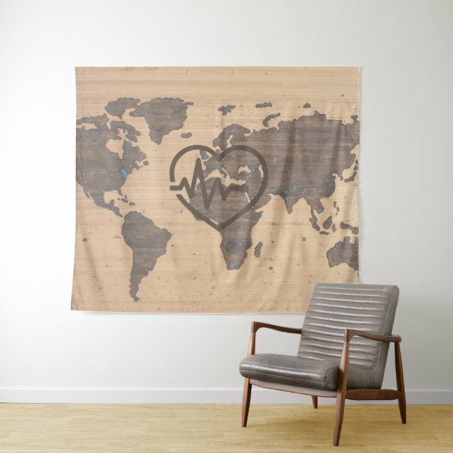Tenture Carte du monde Heartbeat wograin (En situation (horizontale))