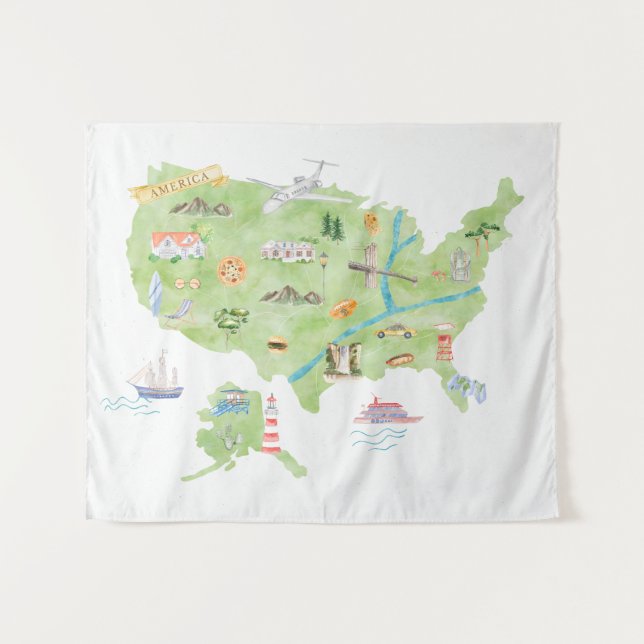 Tenture Carte illustrée des États-Unis d'Amérique (Devant (Horizontal))