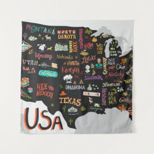 Tenture Carte illustrée des États-Unis. Poster avec états