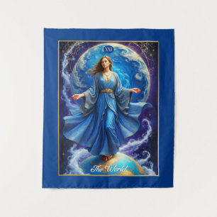 Tenture Carte Tarot, le monde, en bleu profond