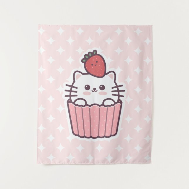 Tenture Carton de Cupcake aux fraises Cute Kawaii (Devant)
