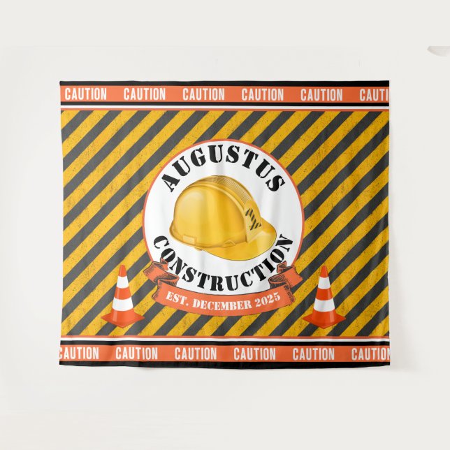 Tenture Casque de chantier|Noir et Jaune 1er Anniversaire (Devant (Horizontal))