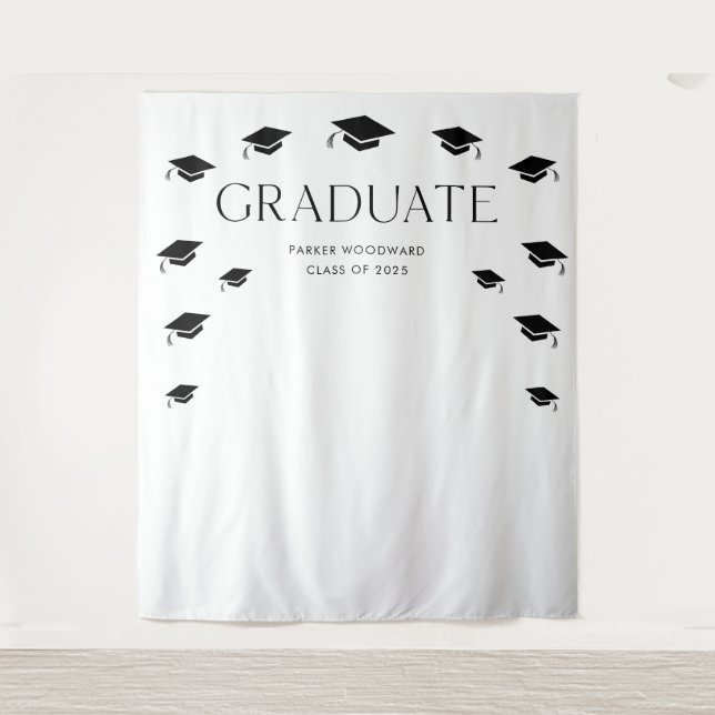 Tenture Casquette de graduation simple en noir et blanc (Devant)