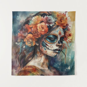 Tenture Catrina aquarelle Dia de los Muertos Crâne de Sucr