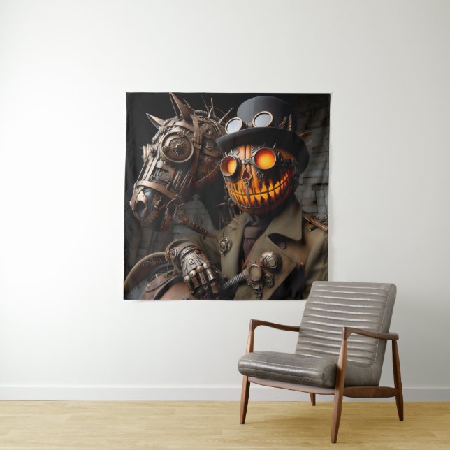 Tenture Cavalier de la citrouille Steampunk Halloween (En situation)
