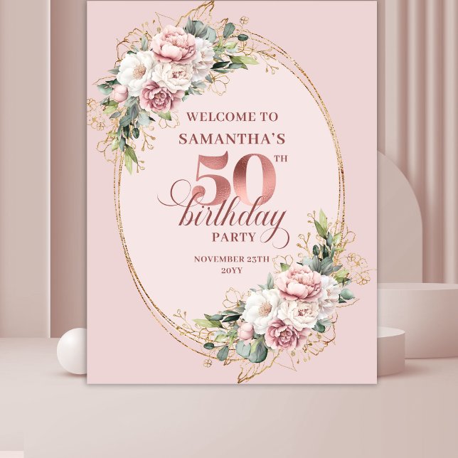 Tenture Célébration chic de 50 ans d'anniversaire avec or  (Chic Rose Gold Greenery 50th Birthday Celebration Banner Decor

)