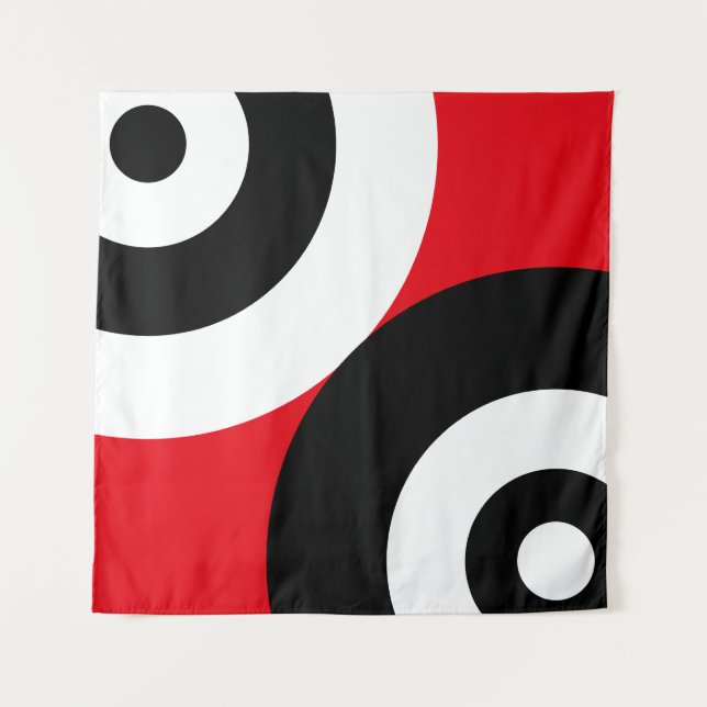 Tenture Cercles abstraits noir et blanc sur fond rouge (Devant)