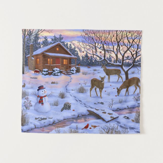 Tenture Cerf Cabine D'Hiver Dans La Scène De Noël De Neige (Devant (Horizontal))