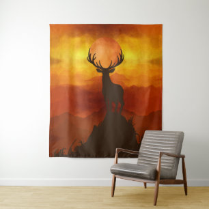 Tenture Cerf élaphe au sommet d'une montagne au coucher du