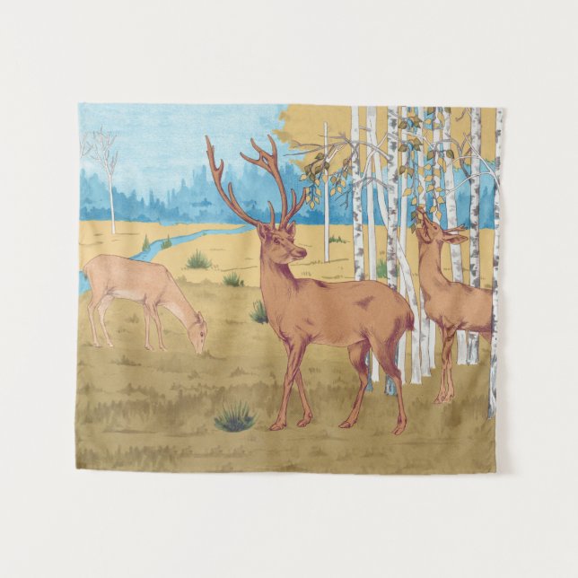 Tenture Cerfs en forêt Animal Vintage (Devant (Horizontal))