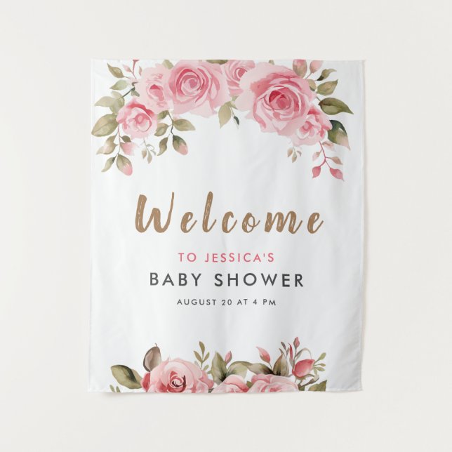 Tenture C'est une fille ! Baby Shower à l'aquarelle fleurs (Devant)