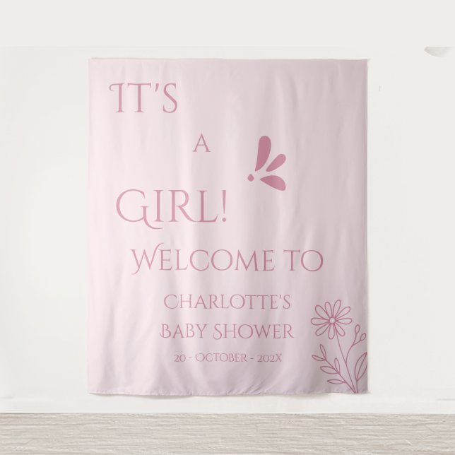 Tenture C'est une fille ! Minimalisme Baby Shower Rose Pas (Devant)