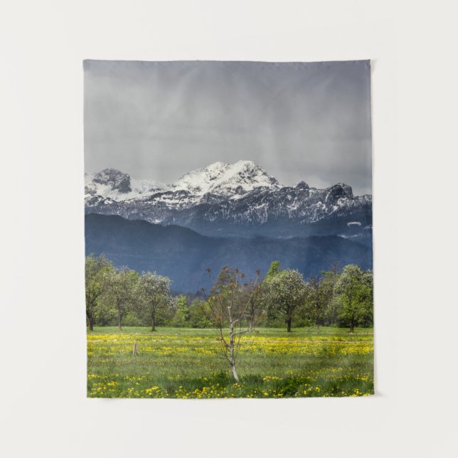 Tenture Champ vert avec alpes neigeuses (Devant)