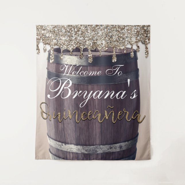 Tenture Champagne Doré Glitter Drip Rustique Quinceañera 1 (Devant)