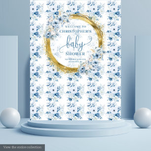 Tenture Charmant bleu poussiéreux fleurs or baby shower ph