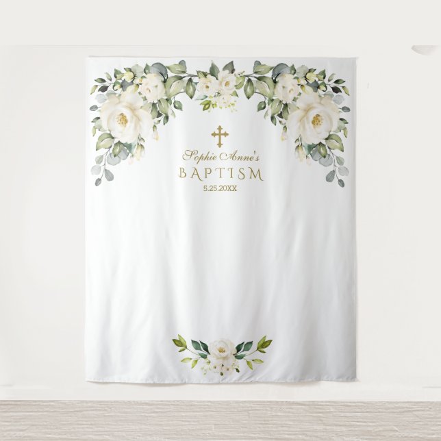 Tenture Charme Blanc Floral Baptême Girl Photo Booth Prop (Devant)