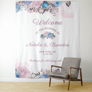 Tenture Charme Parisien Bienvenue Mariage Floral Bleu & Ro